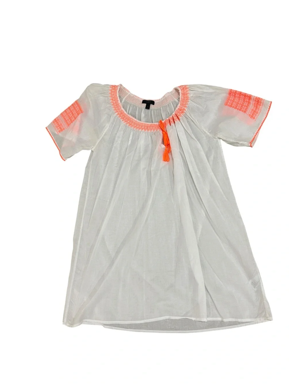 J crew White Peasant mini dress beach Coral Embroidered Neckline tassel medium
